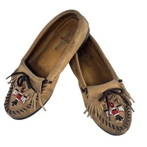 Minnetonka Thunderbird Moccasins Womens 6 Brown Tan Suede Beaded Heritage Fringe